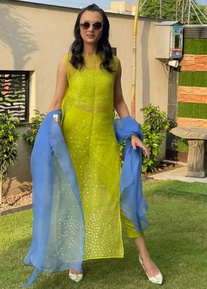 Hues Atelier Pret Embroidered Organza 3 Piece Suit HA23LP Vibrant Lime