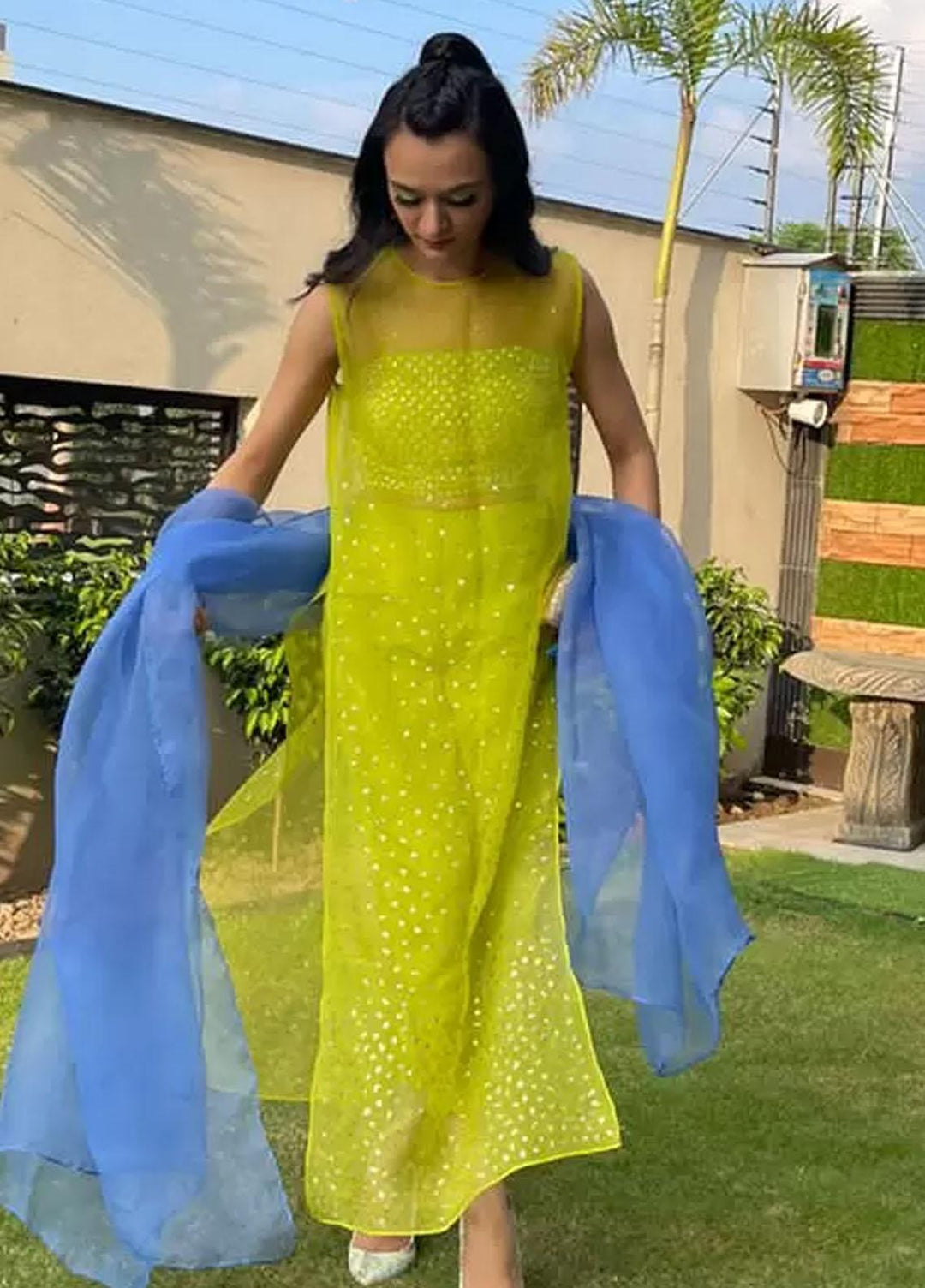 Hues Atelier Pret Embroidered Organza 3 Piece Suit HA23LP Vibrant Lime