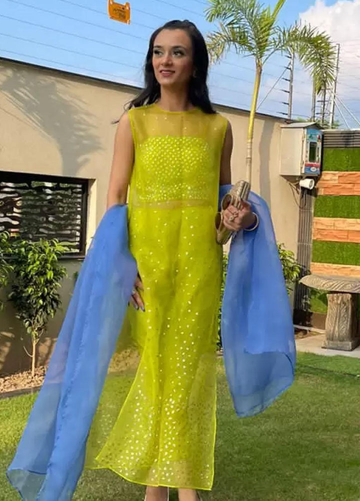 Hues Atelier Pret Embroidered Organza 3 Piece Suit HA23LP Vibrant Lime