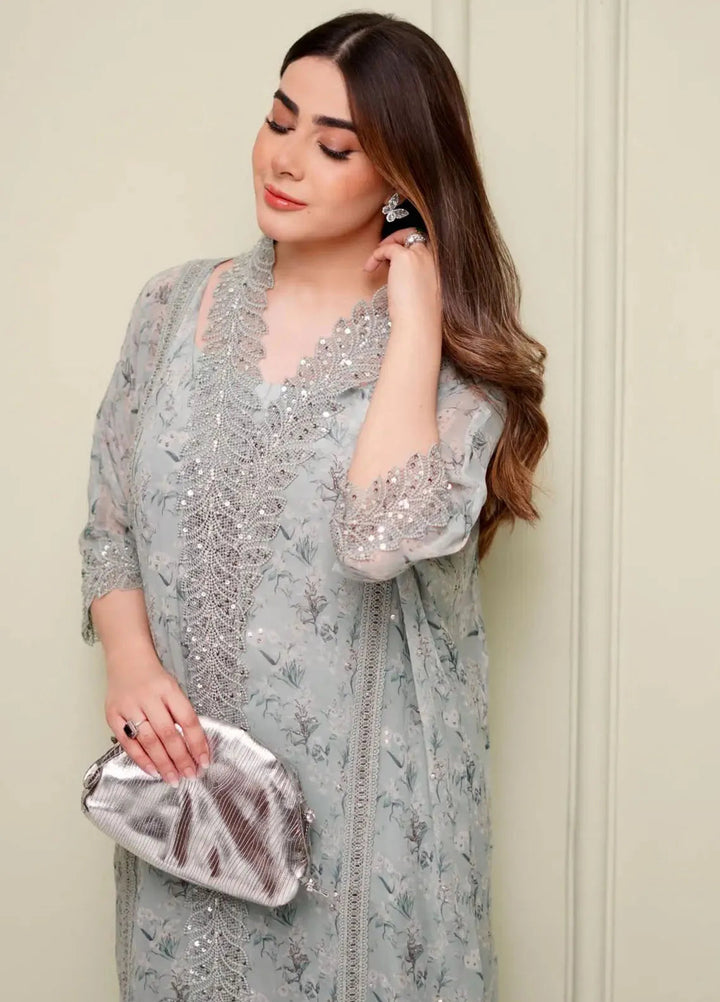 Hues Atelier Pret Embroidered Chiffon  3 Piece Suit Blue Printed Kaftan
