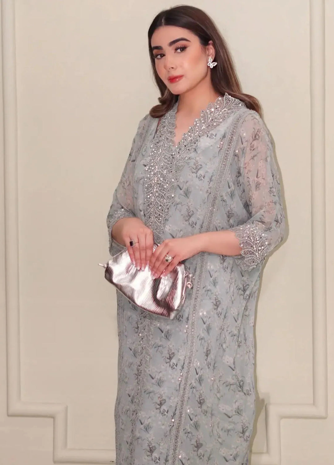 Hues Atelier Pret Embroidered Chiffon  3 Piece Suit Blue Printed Kaftan