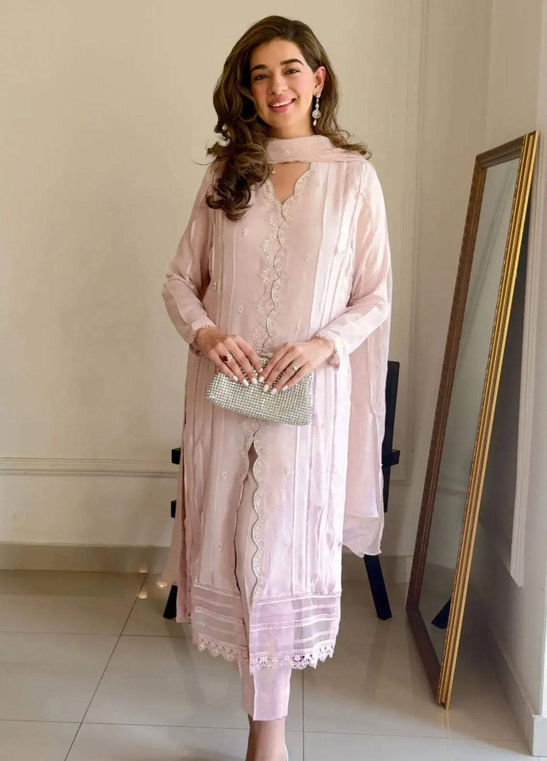 Hues Atelier Pret Embroidered Chiffon  3 Piece Suit Chantilly Pink