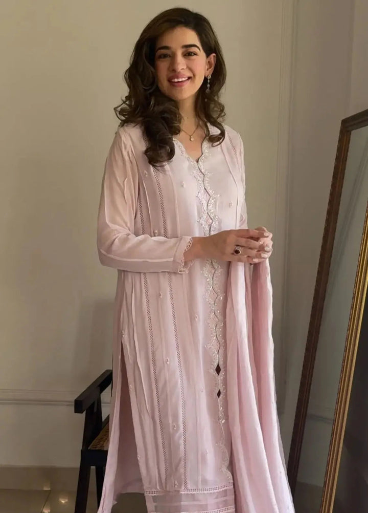 Hues Atelier Pret Embroidered Chiffon  3 Piece Suit Chantilly Pink