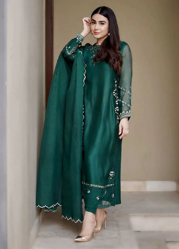 Hues Atelier Pret Embroidered Cotton Net 3 Piece Suit Deep Emerald