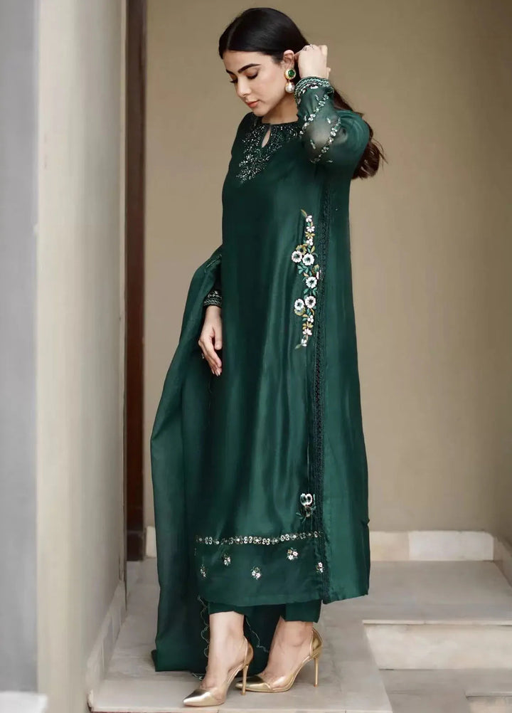 Hues Atelier Pret Embroidered Cotton Net 3 Piece Suit Deep Emerald