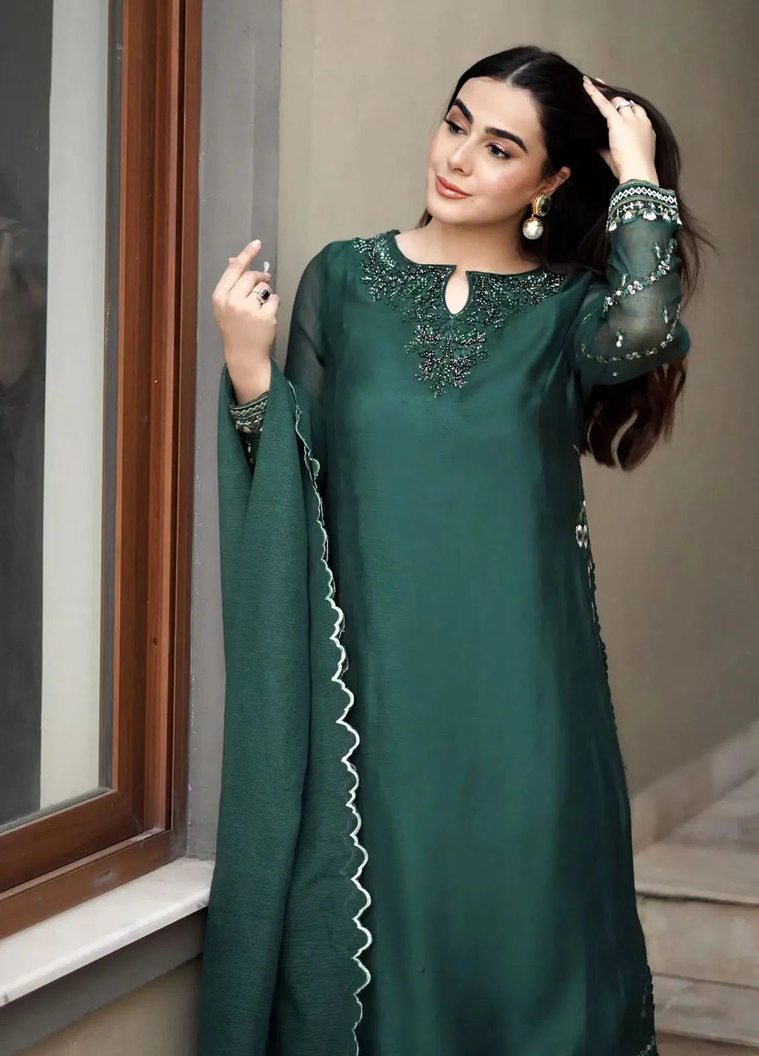 Hues Atelier Pret Embroidered Cotton Net 3 Piece Suit Deep Emerald