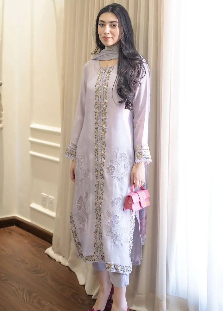 Hues Atelier Pret Embroidered Cotton Net 3 Piece Suit Lavender Orchids