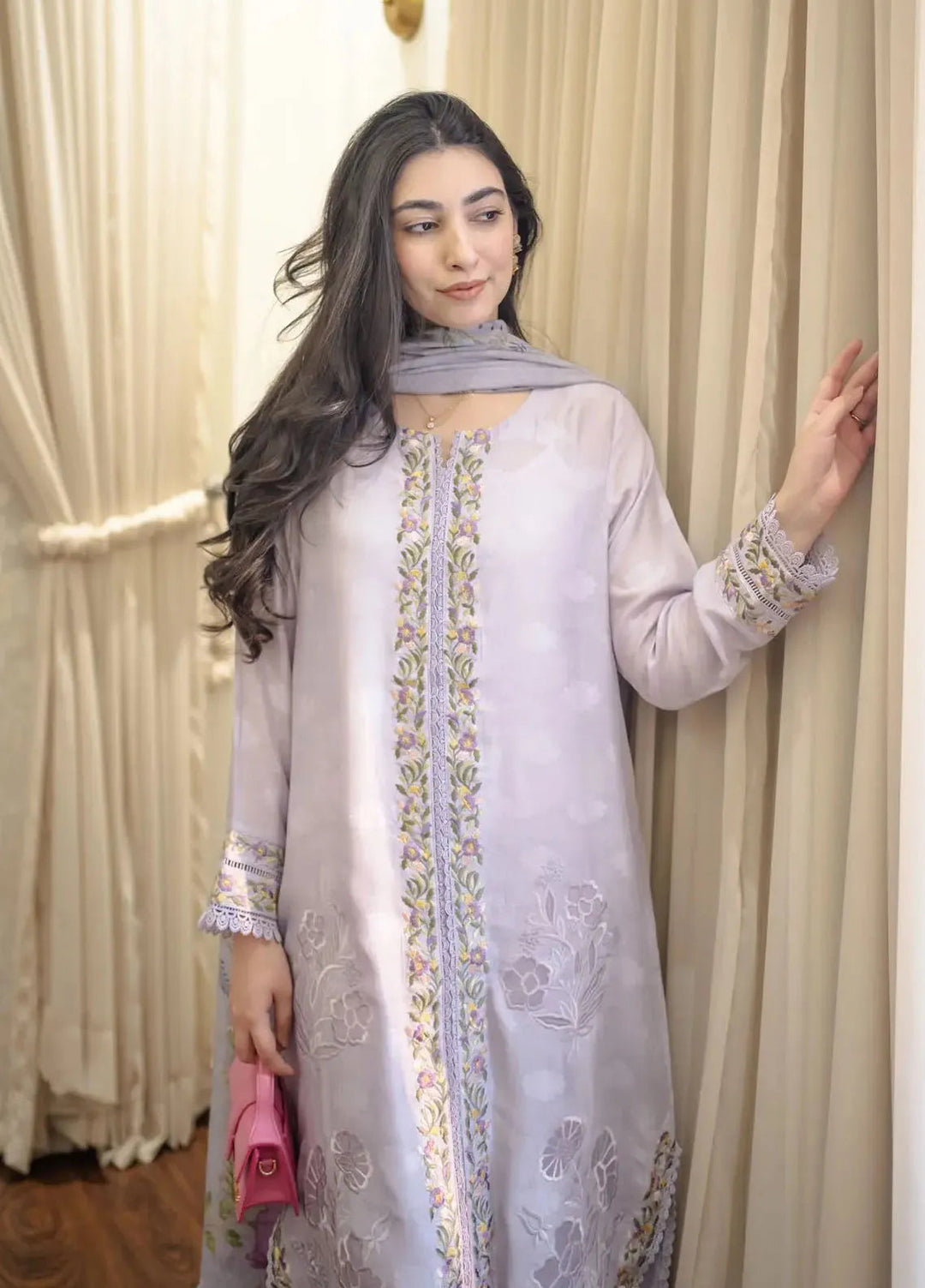 Hues Atelier Pret Embroidered Cotton Net 3 Piece Suit Lavender Orchids