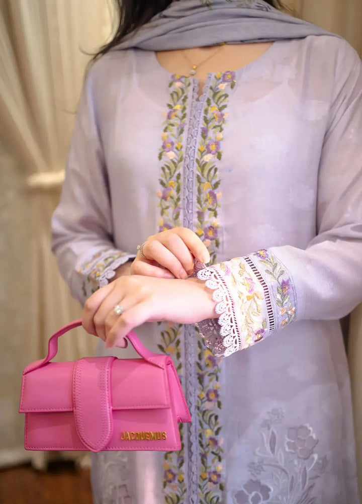 Hues Atelier Pret Embroidered Cotton Net 3 Piece Suit Lavender Orchids