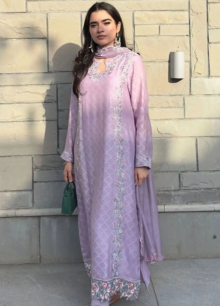 Hues Atelier Pret Embroidered Cotton Net 3 Piece Suit Mauvish Purple