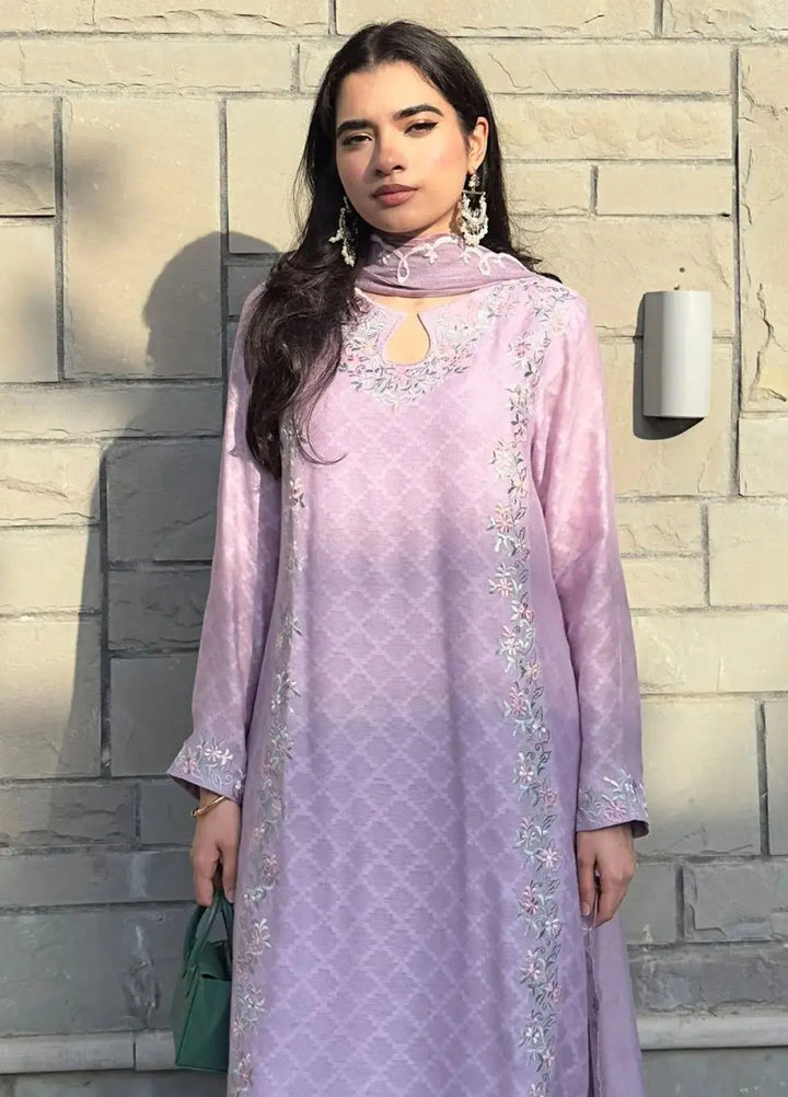 Hues Atelier Pret Embroidered Cotton Net 3 Piece Suit Mauvish Purple