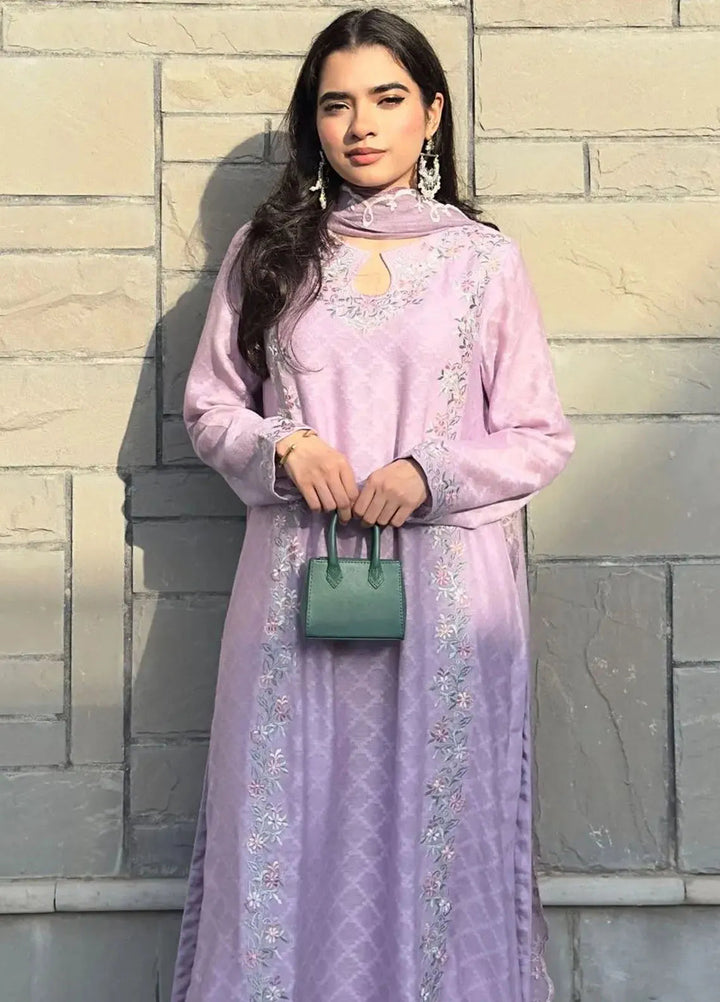 Hues Atelier Pret Embroidered Cotton Net 3 Piece Suit Mauvish Purple