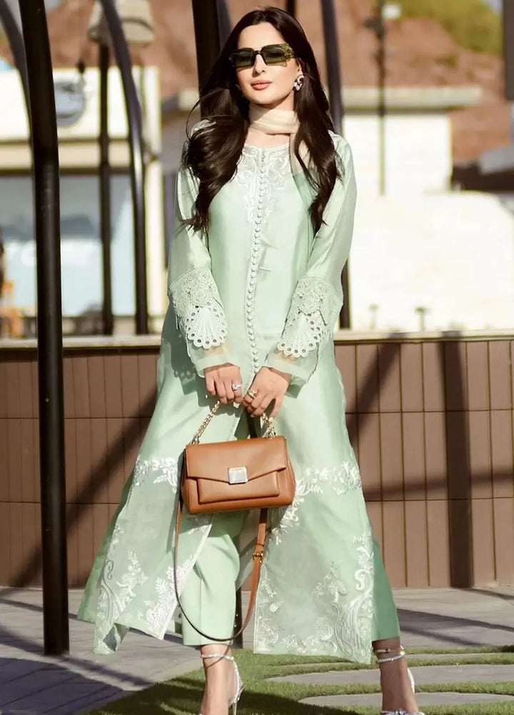 Hues Atelier Pret Embroidered Cotton Net 3 Piece Suit Mint Paisleys