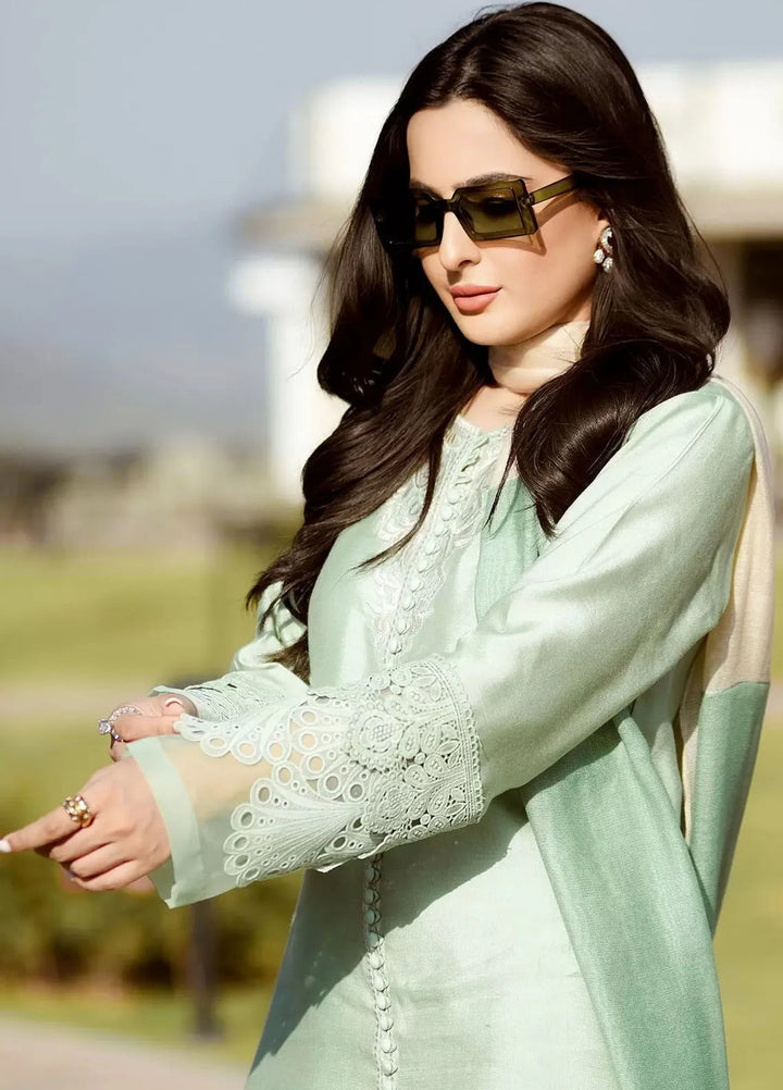 Hues Atelier Pret Embroidered Cotton Net 3 Piece Suit Mint Paisleys