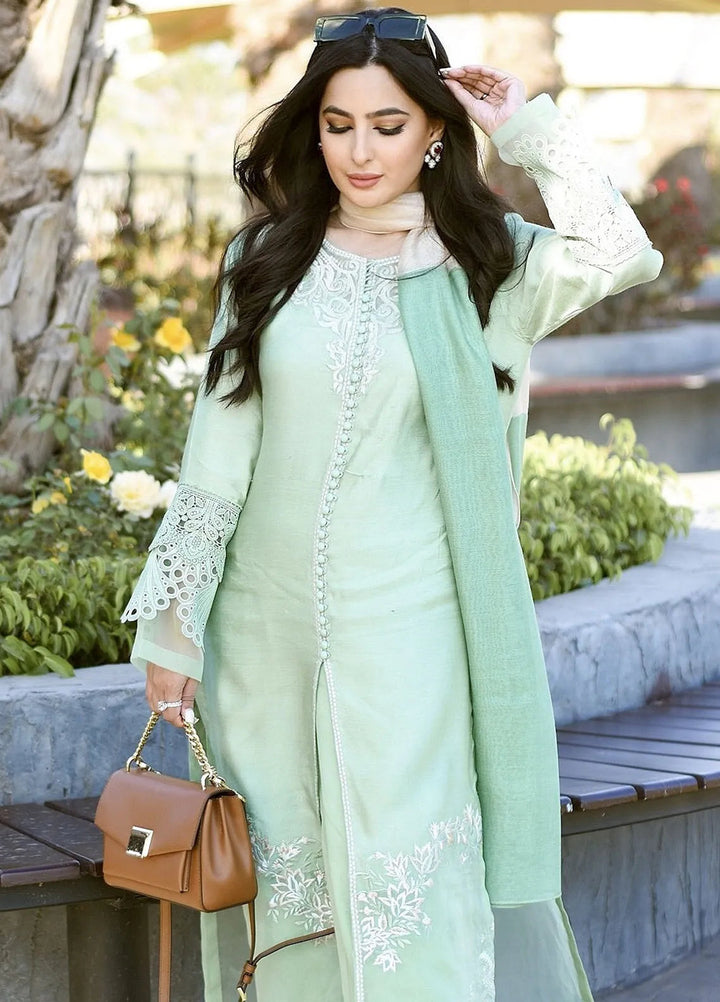 Hues Atelier Pret Embroidered Cotton Net 3 Piece Suit Mint Paisleys