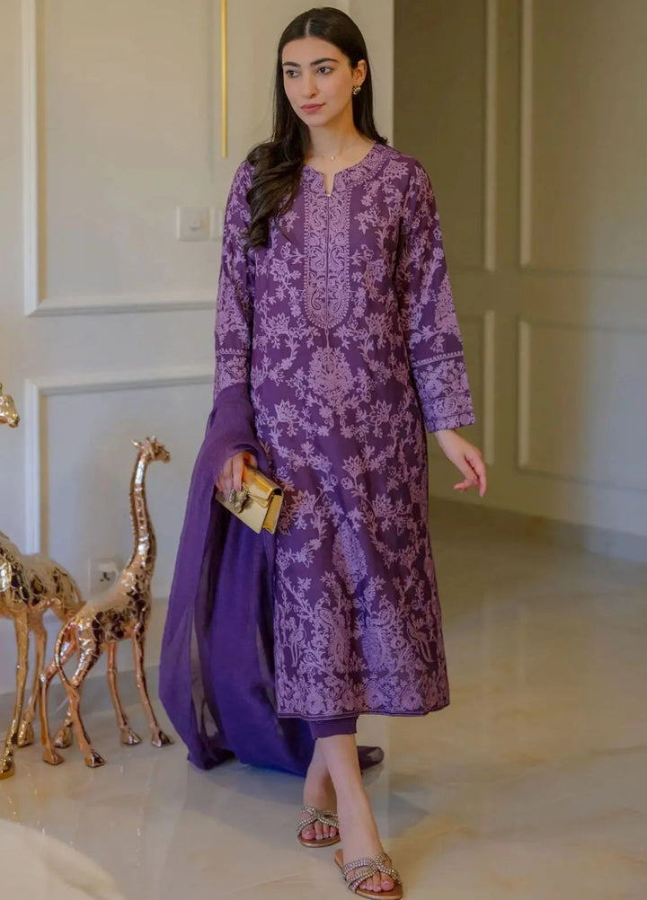 Hues Atelier Pret Embroidered Cotton Net 3 Piece Suit Monochrome Purple