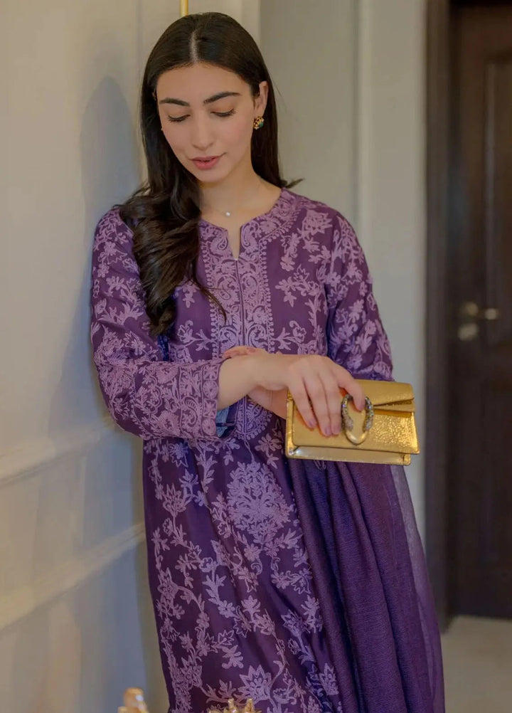 Hues Atelier Pret Embroidered Cotton Net 3 Piece Suit Monochrome Purple
