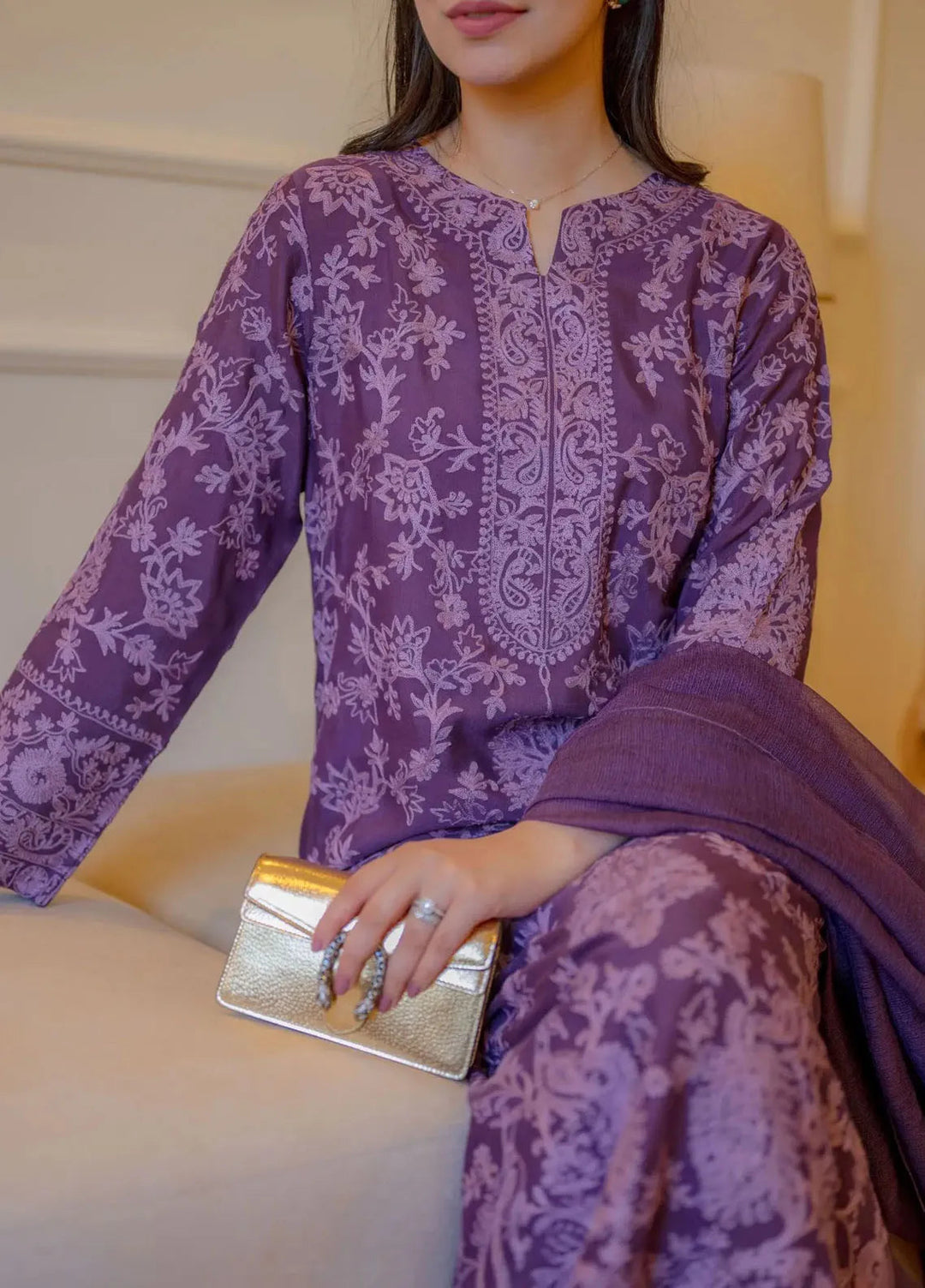 Hues Atelier Pret Embroidered Cotton Net 3 Piece Suit Monochrome Purple