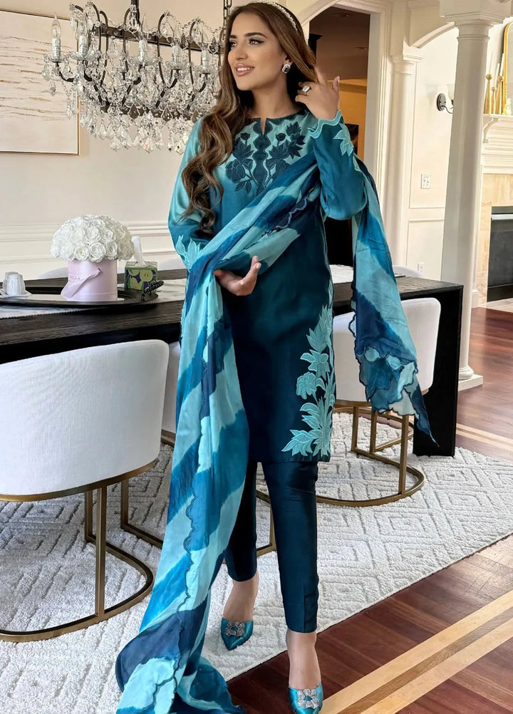 Hues Atelier Pret Embroidered Cotton Net 3 Piece Suit Ombre Tea