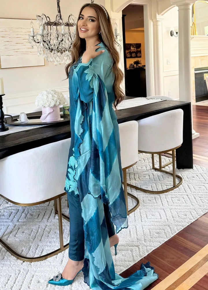 Hues Atelier Pret Embroidered Cotton Net 3 Piece Suit Ombre Tea