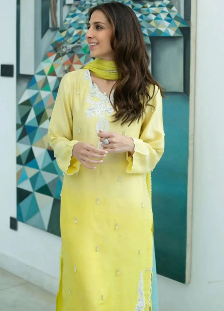Hues Atelier Pret Embroidered Cotton Net 3 Piece Suit Ombre Yellow