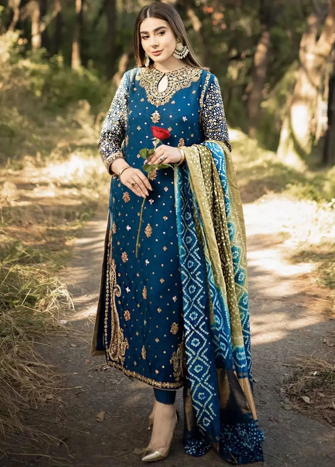 Hues Atelier Pret Embroidered Karandi Jamawar 3 Piece Suit Lakhnawi Blue Formal