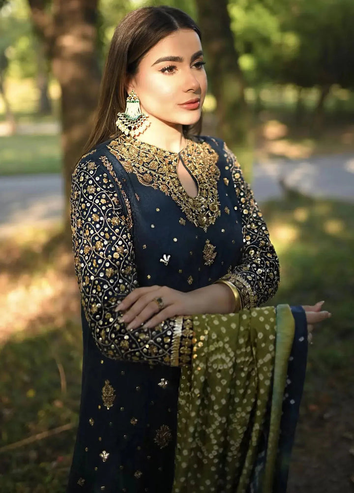 Hues Atelier Pret Embroidered Karandi Jamawar 3 Piece Suit Lakhnawi Blue Formal