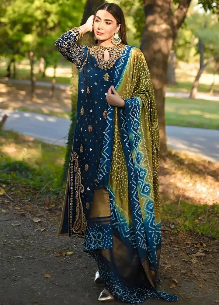 Hues Atelier Pret Embroidered Karandi Jamawar 3 Piece Suit Lakhnawi Blue Formal