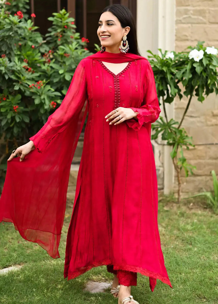 Hues Atelier Pret Embroidered Khaadi Cotton Net 3 Piece Suit Berry Red