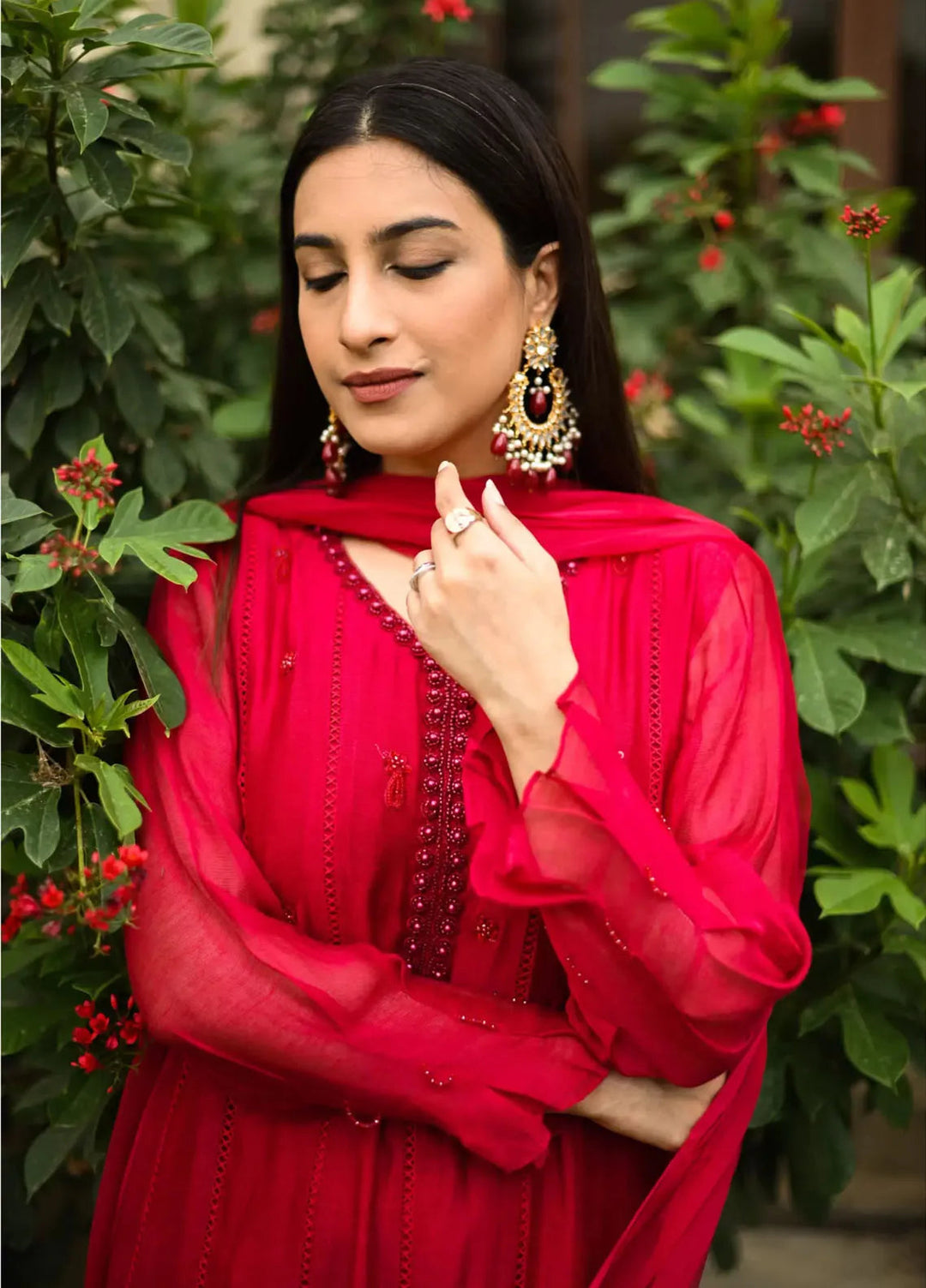 Hues Atelier Pret Embroidered Khaadi Cotton Net 3 Piece Suit Berry Red