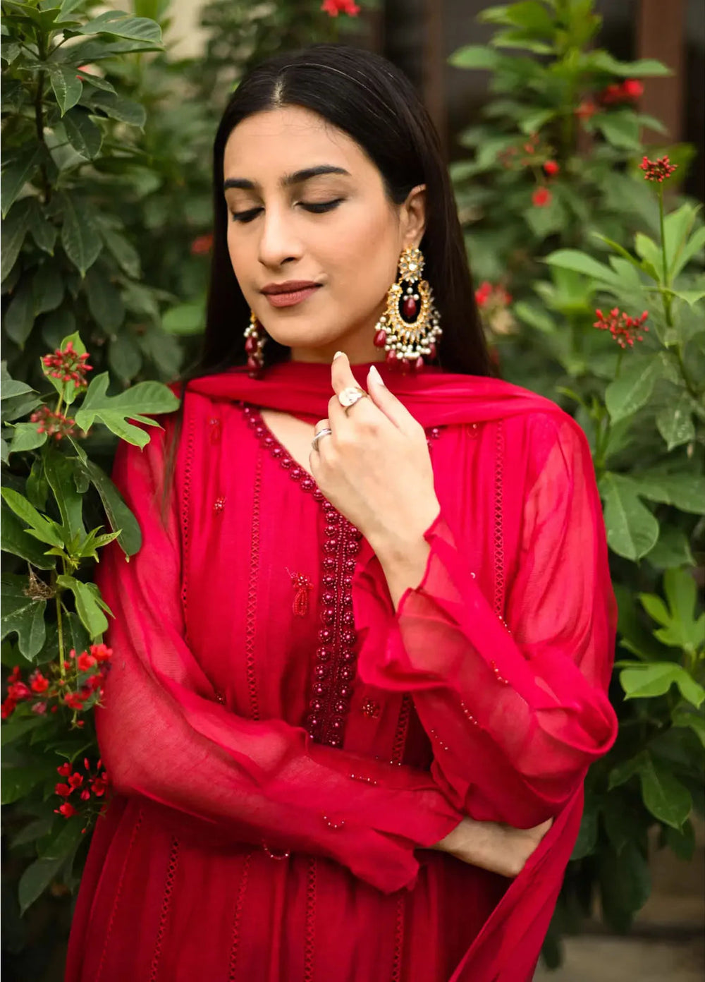 Hues Atelier Pret Embroidered Khaadi Cotton Net 3 Piece Suit Berry Red
