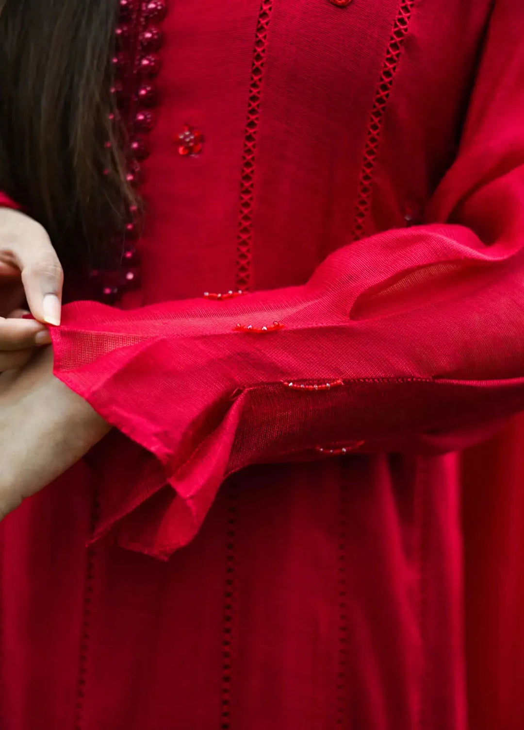 Hues Atelier Pret Embroidered Khaadi Cotton Net 3 Piece Suit Berry Red