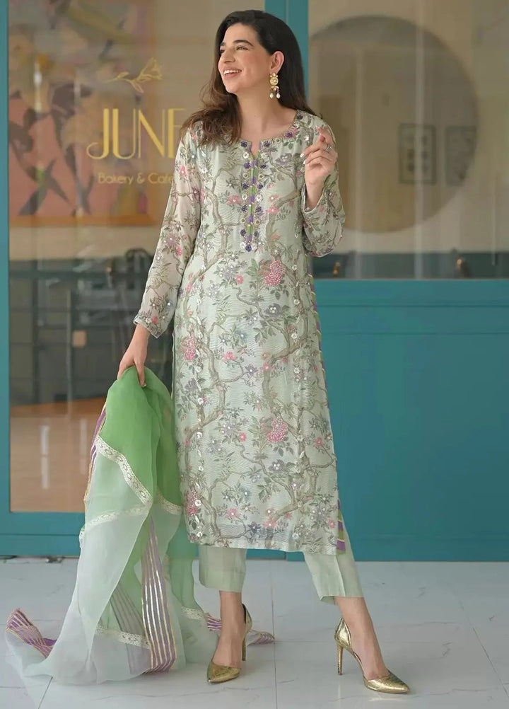 Hues Atelier Pret Embroidered Khaadi Cotton Net 3 Piece Suit Botanical Mist