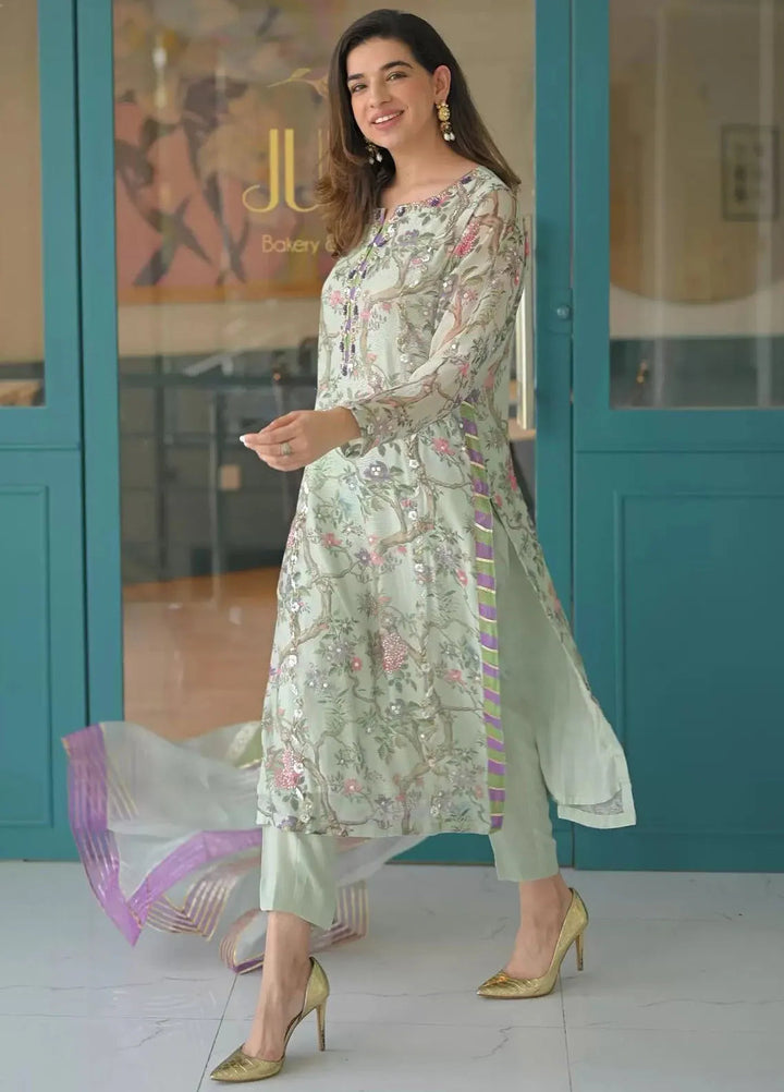 Hues Atelier Pret Embroidered Khaadi Cotton Net 3 Piece Suit Botanical Mist