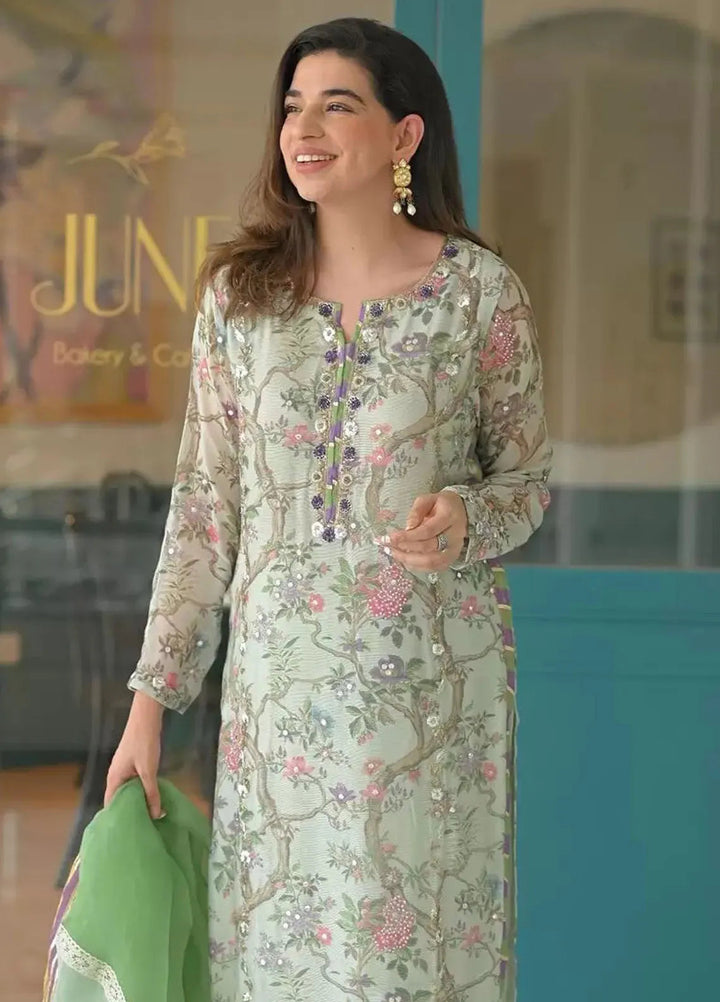 Hues Atelier Pret Embroidered Khaadi Cotton Net 3 Piece Suit Botanical Mist