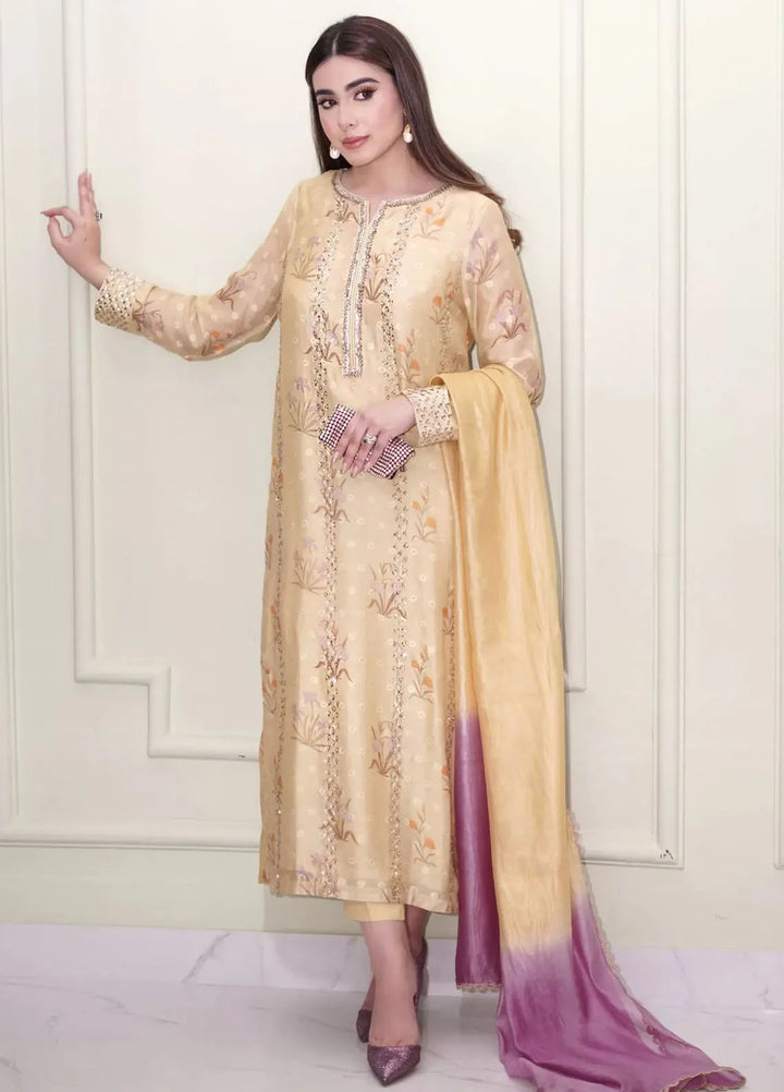 Hues Atelier Pret Embroidered Khaadi Cotton Net 3 Piece Suit Floral Lemon