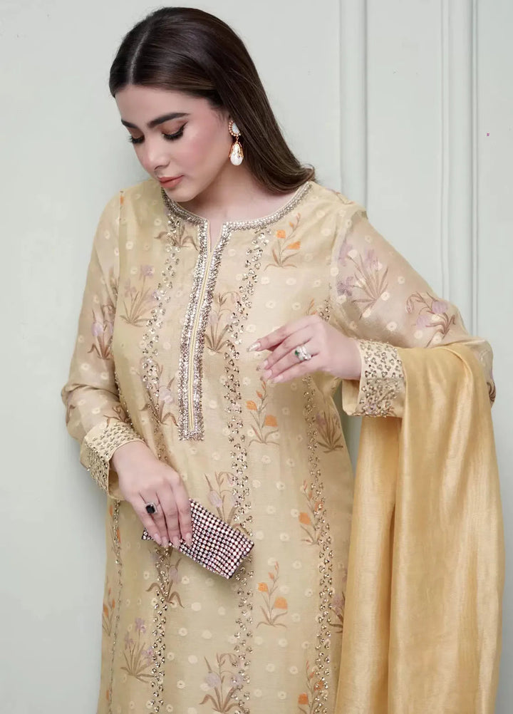 Hues Atelier Pret Embroidered Khaadi Cotton Net 3 Piece Suit Floral Lemon