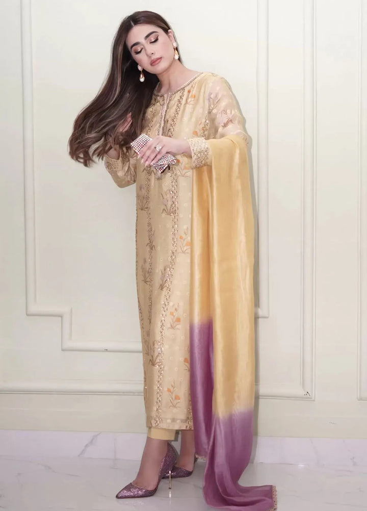 Hues Atelier Pret Embroidered Khaadi Cotton Net 3 Piece Suit Floral Lemon