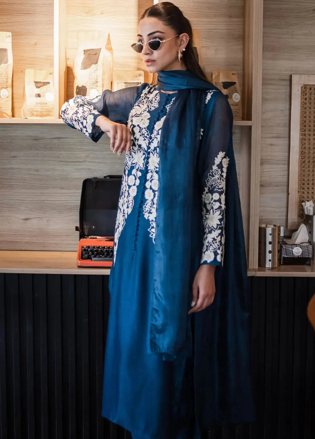 Hues Atelier Pret Embroidered Khaadi Cotton Net 3 Piece Suit Teal Blue Fit