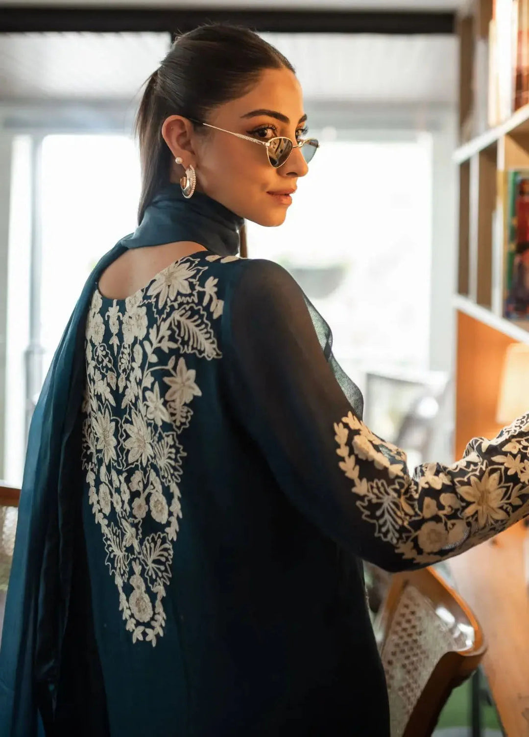 Hues Atelier Pret Embroidered Khaadi Cotton Net 3 Piece Suit Teal Blue Fit