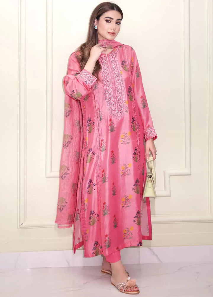 Hues Atelier Pret Embroidered Korean Rawsilk 3 Piece Suit Candy pink