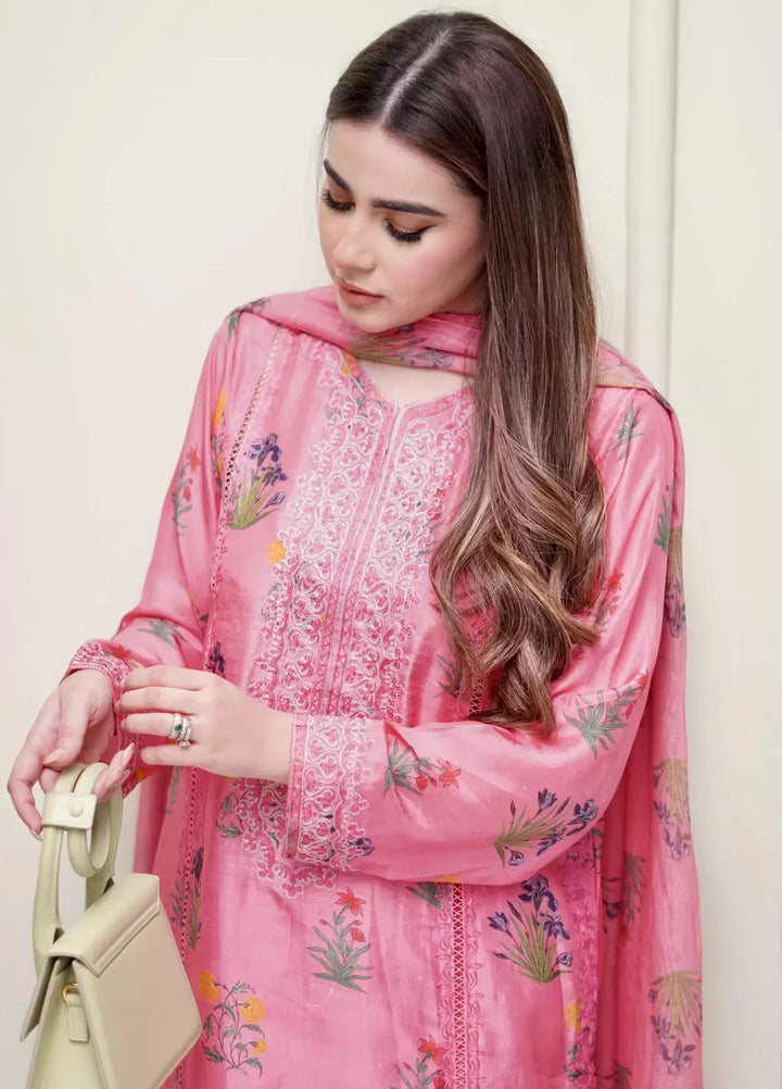 Hues Atelier Pret Embroidered Korean Rawsilk 3 Piece Suit Candy pink