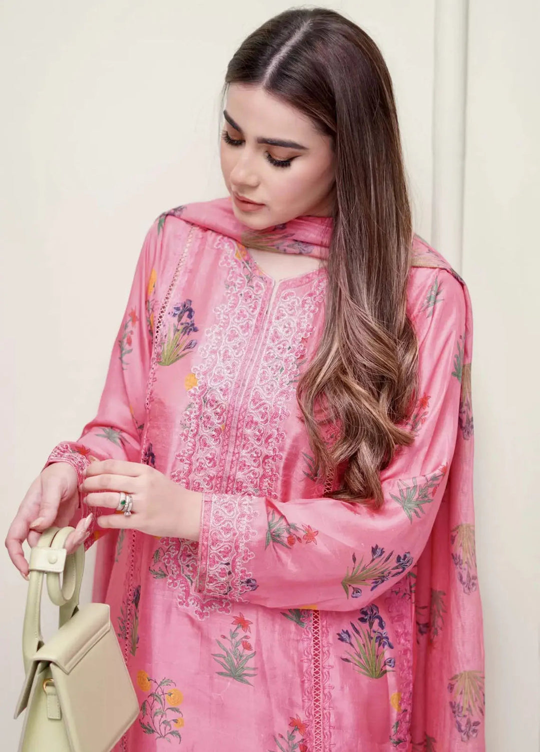 Hues Atelier Pret Embroidered Korean Rawsilk 3 Piece Suit Candy pink