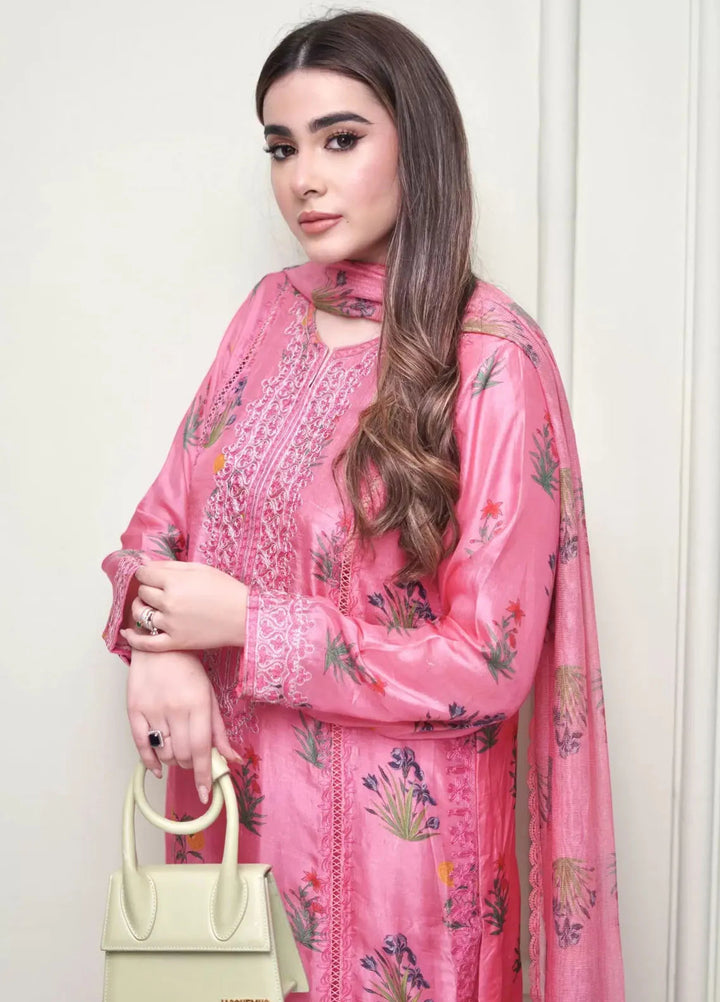 Hues Atelier Pret Embroidered Korean Rawsilk 3 Piece Suit Candy pink