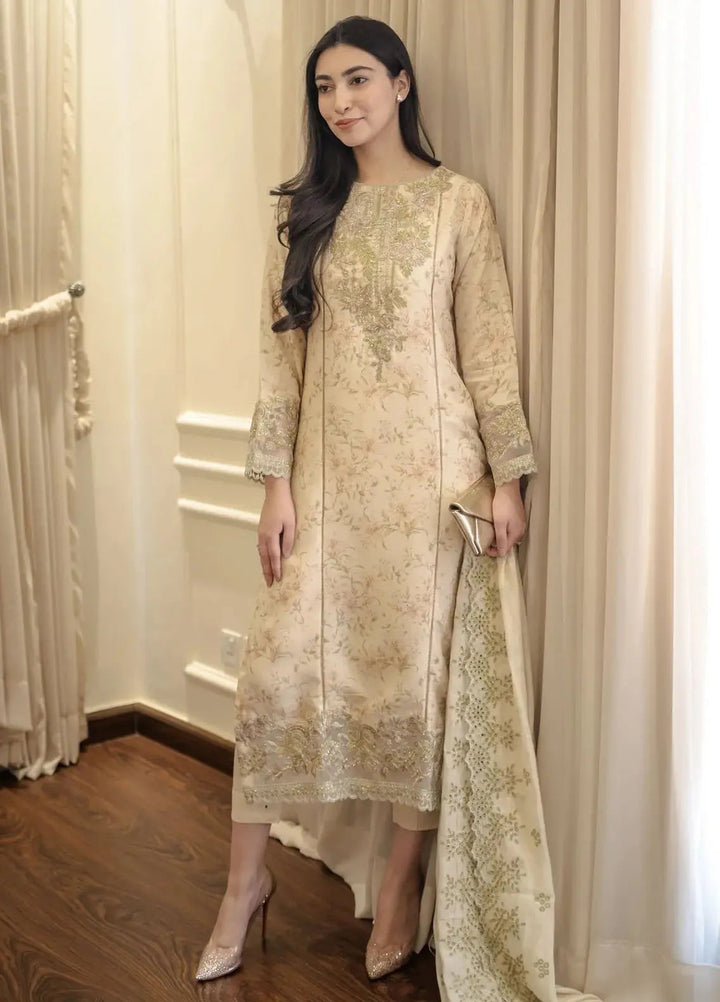 Hues Atelier Pret Embroidered Korean Rawsilk 3 Piece Suit Daisy