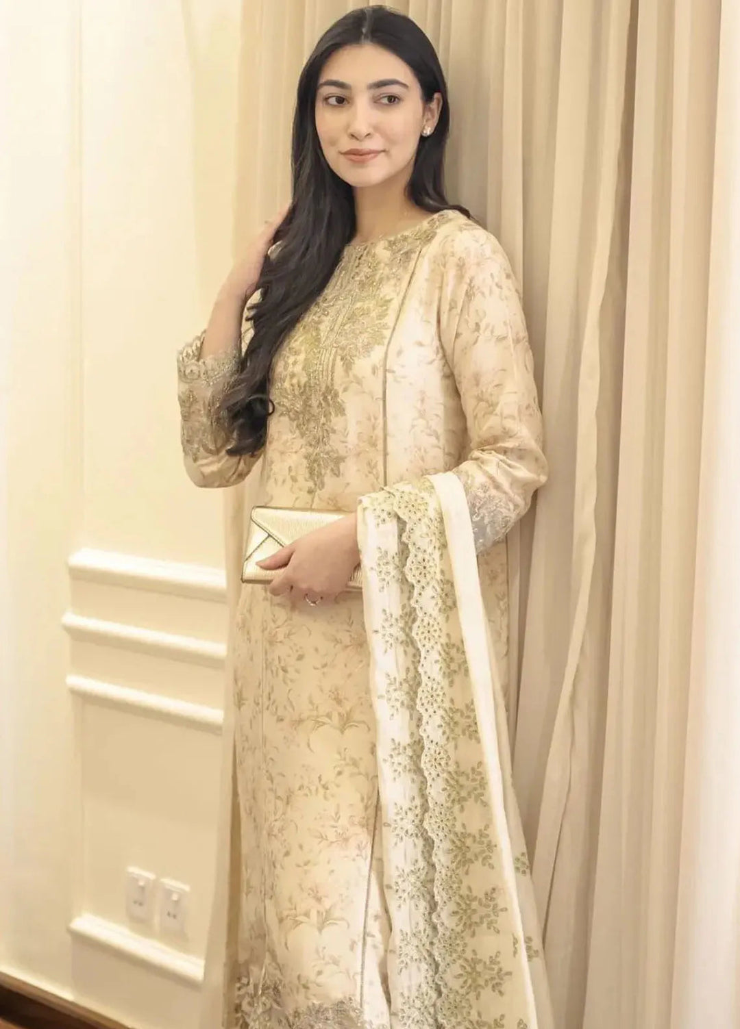 Hues Atelier Pret Embroidered Korean Rawsilk 3 Piece Suit Daisy