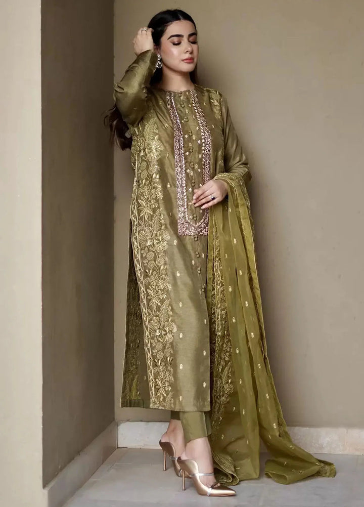 Hues Atelier Pret Embroidered Korean Rawsilk 3 Piece Suit Dry Olive