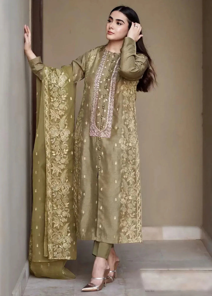 Hues Atelier Pret Embroidered Korean Rawsilk 3 Piece Suit Dry Olive