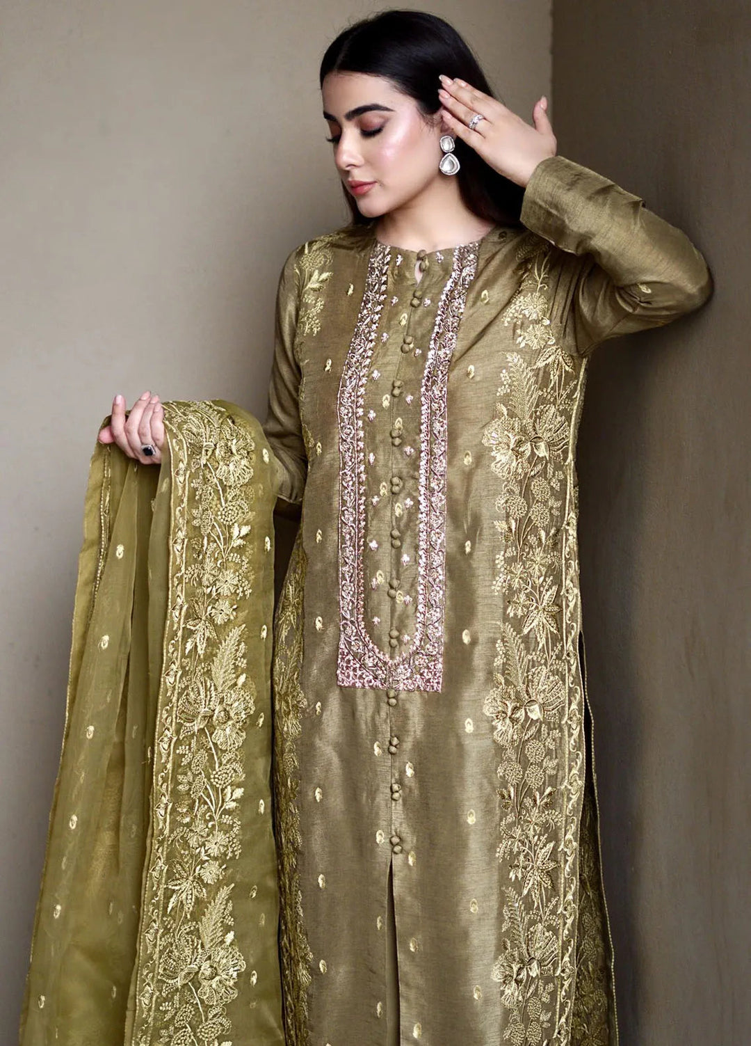 Hues Atelier Pret Embroidered Korean Rawsilk 3 Piece Suit Dry Olive