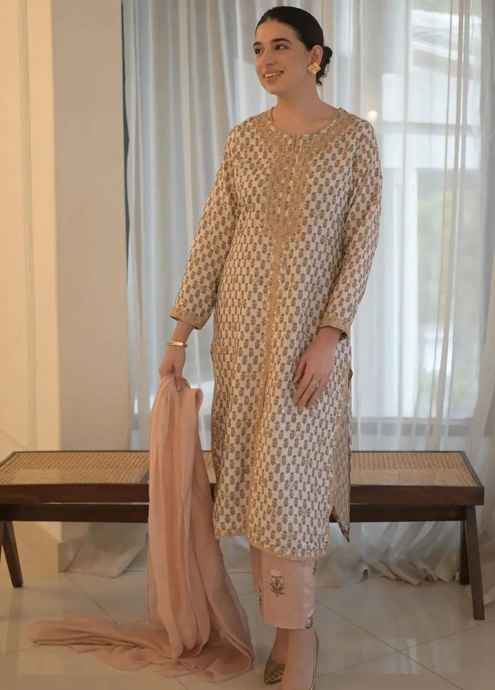 Hues Atelier Pret Embroidered Korean Rawsilk 3 Piece Suit Ethnic Gota